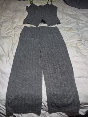 High-Rise Wide-Leg Knit Pant Suit in Charcoal Gray